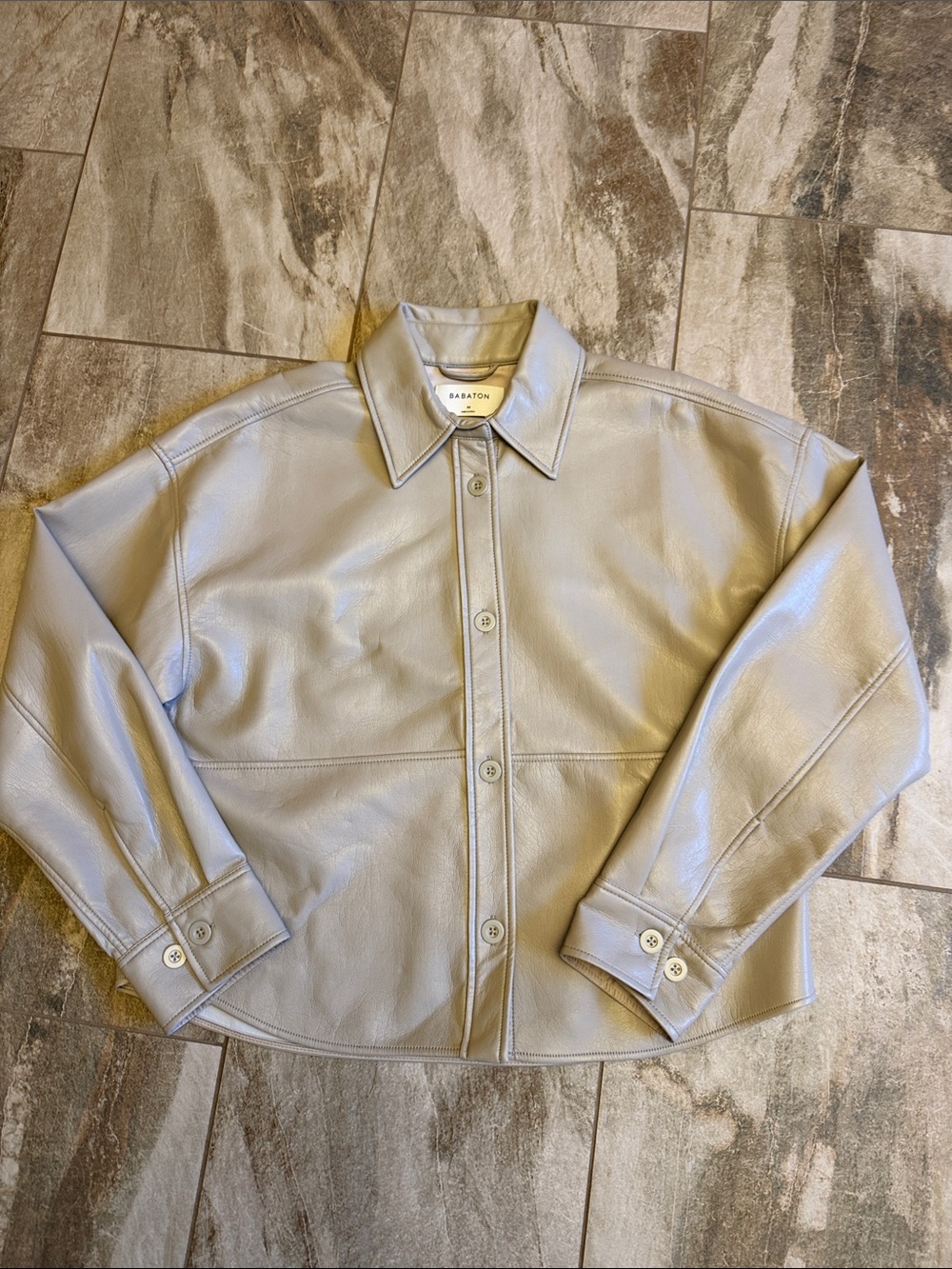Babaton Light Gray Leather Button-Up Jacket